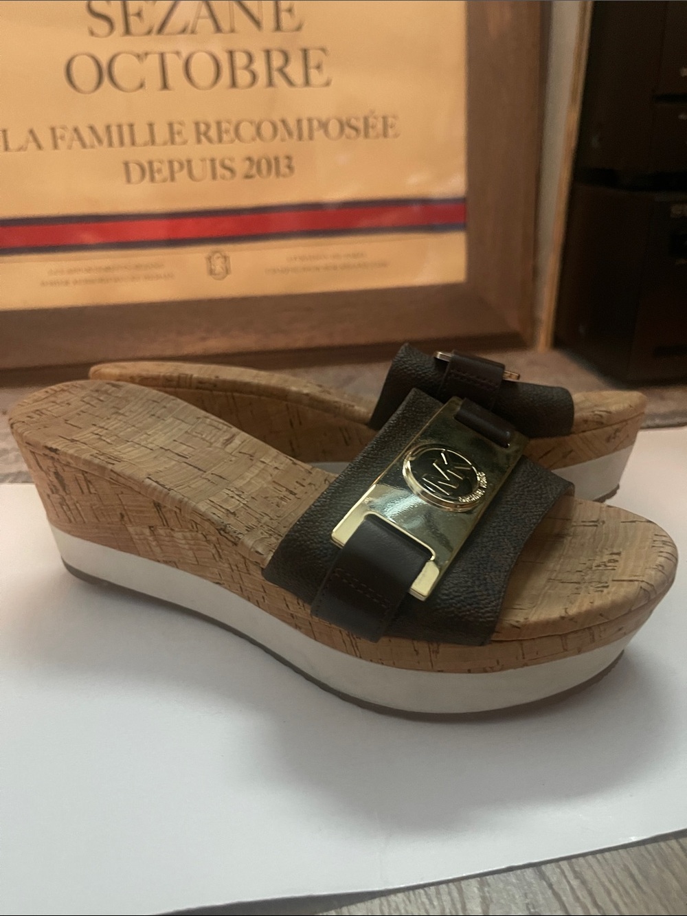 Michael Kors Brown Monogram Cork Wedge Slide Sandals with Gold Logo - Picture 6 of 12